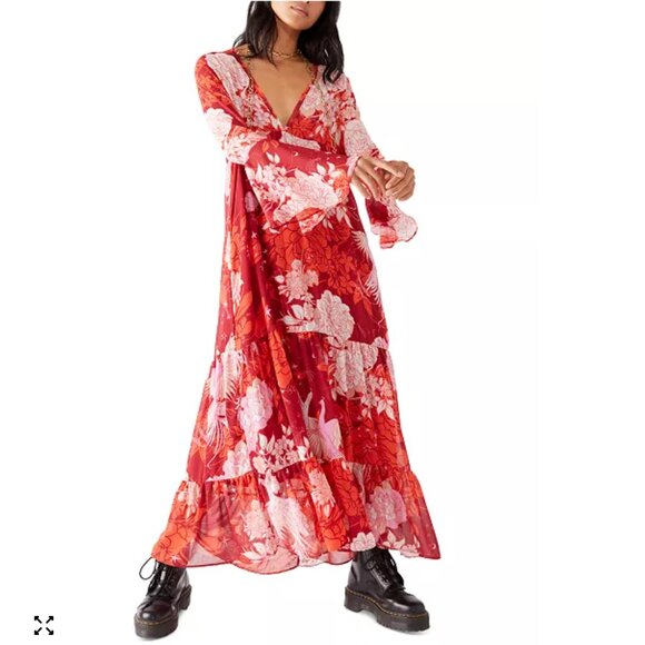 Free People Moroccan Roll Floral Bell Sleeve V Neck Maxi Dress - Small - Picture 2 of 9